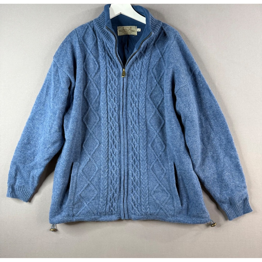 Aran Sweater Market Lined Full Zip Cardigan Mens XL Blue Wool Cable Knit Ireland